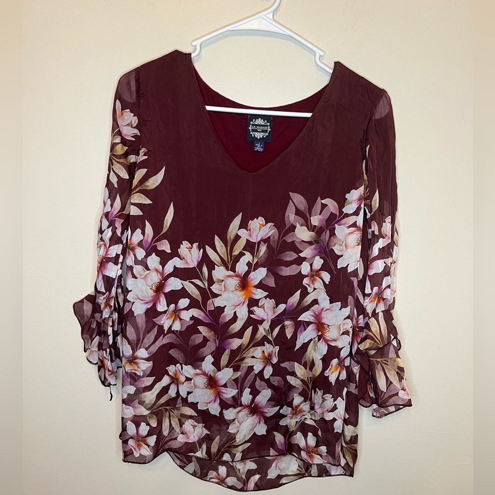 Le Marais Woman’s Maroon 100% Silk Floral Top Long Sleeve Size S VGUC